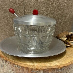 Vintage Glass/Alum. MCM Sugar/Condiment Bowl with Lid and Spoon Red Accent